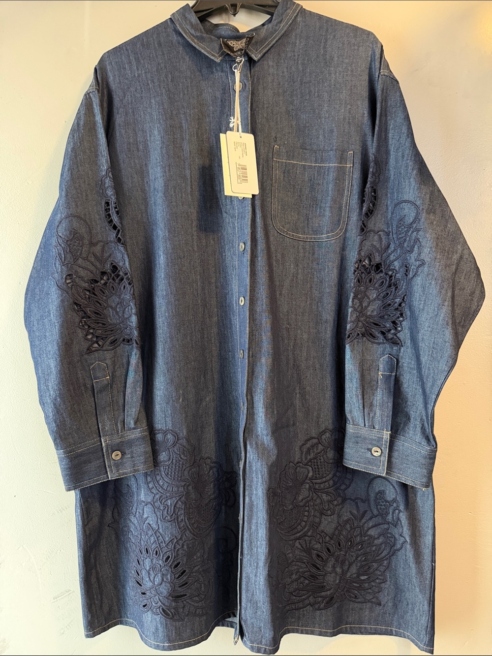 Johnny Was Indigo Embroidered Denim Midi Dress